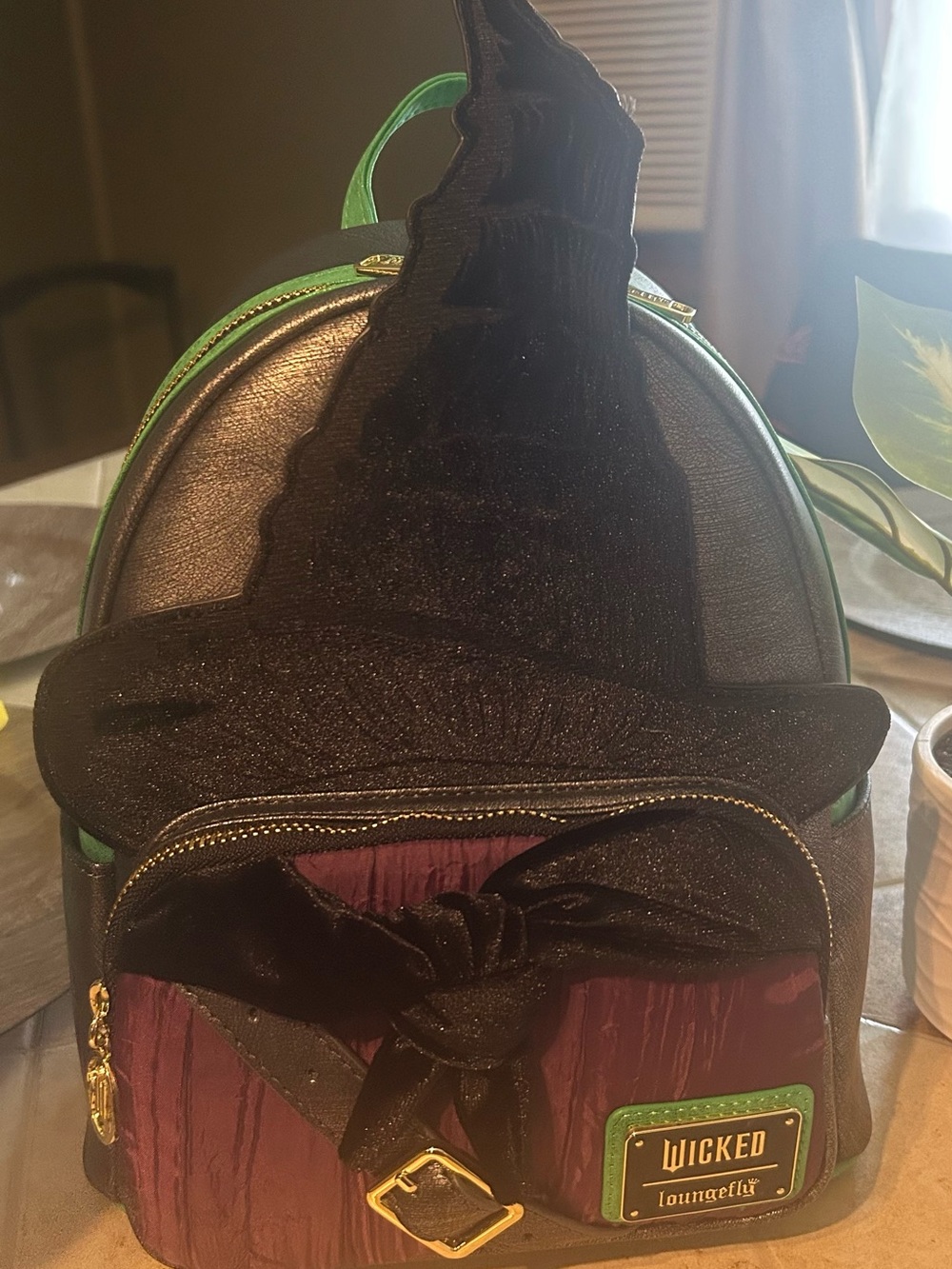 Loungefly Black Witch Hat Mini Backpack with Purple & Green Accents